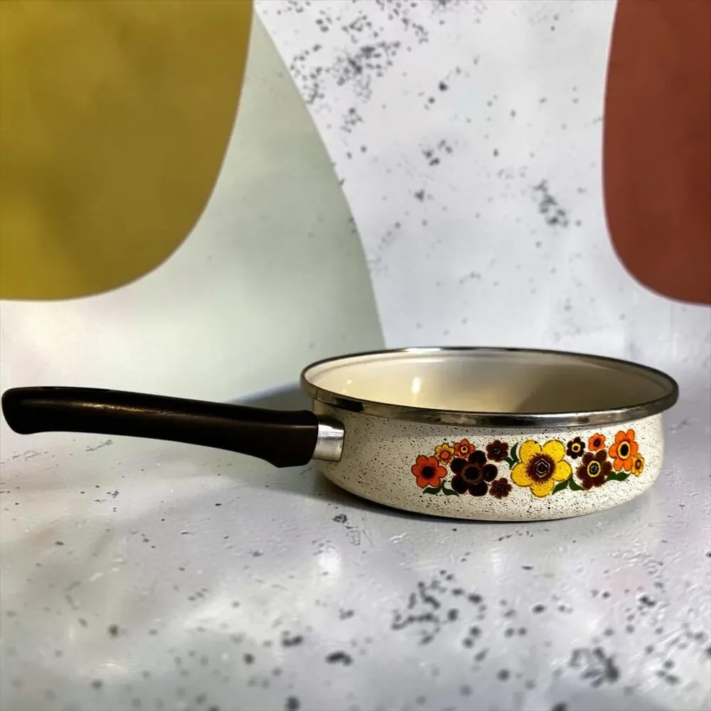 Vintage 1970s Speckled Enamelware Skillet Pan Orange Yellow Brown Floral